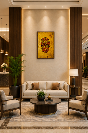 A modern living room interior featuring a beige sofa, two matching armchairs, a round dark coffee table, and a large framed gold wall art piece with a stylized face design, set against a warm beige wall with decorative wood slat columns.