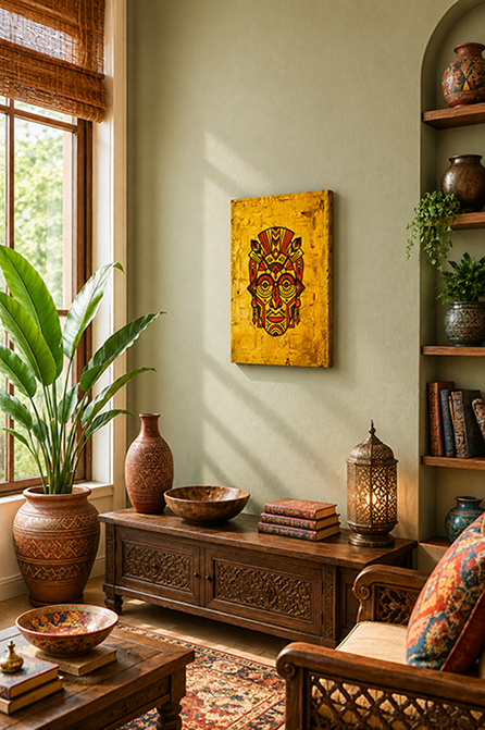 A bohemian-style living room featuring a yellow canvas print of a red and gold mask on the wall above a carved wooden console table. The room is decorated with potted plants, ceramic vases, books, and a patterned armchair.