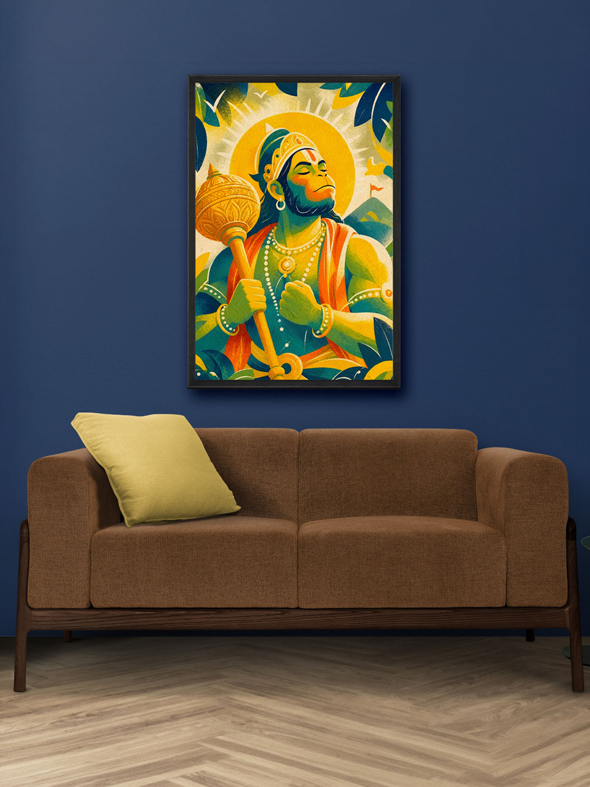 Colourful painting of a Hanuman on a blue wall above a brown sofa.