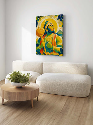 Colourful painting of a hanuman on a wall above a white sofa with a wooden coffee table.