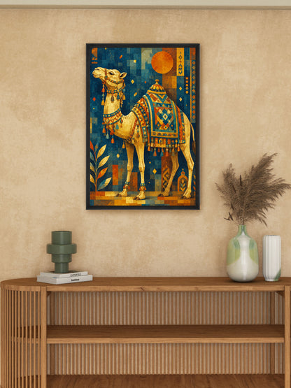 A framed vertical art print featuring a stylized camel in warm gold, orange, and blue tones, displayed on a beige wall above a wooden console table with decorative vases and a green sculptural object.