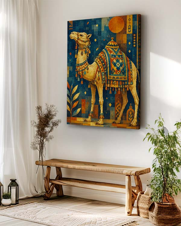 A vertical canvas wall art print featuring an ornate camel in warm gold, orange, and blue tones, displayed on a white wall above a rustic wooden bench in a styled room with plants and curtains.