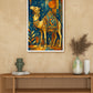A framed art print featuring a stylized camel in warm gold and orange tones against a dark blue patterned background, displayed on a beige wall above a wooden console table with decorative vases and a green object.