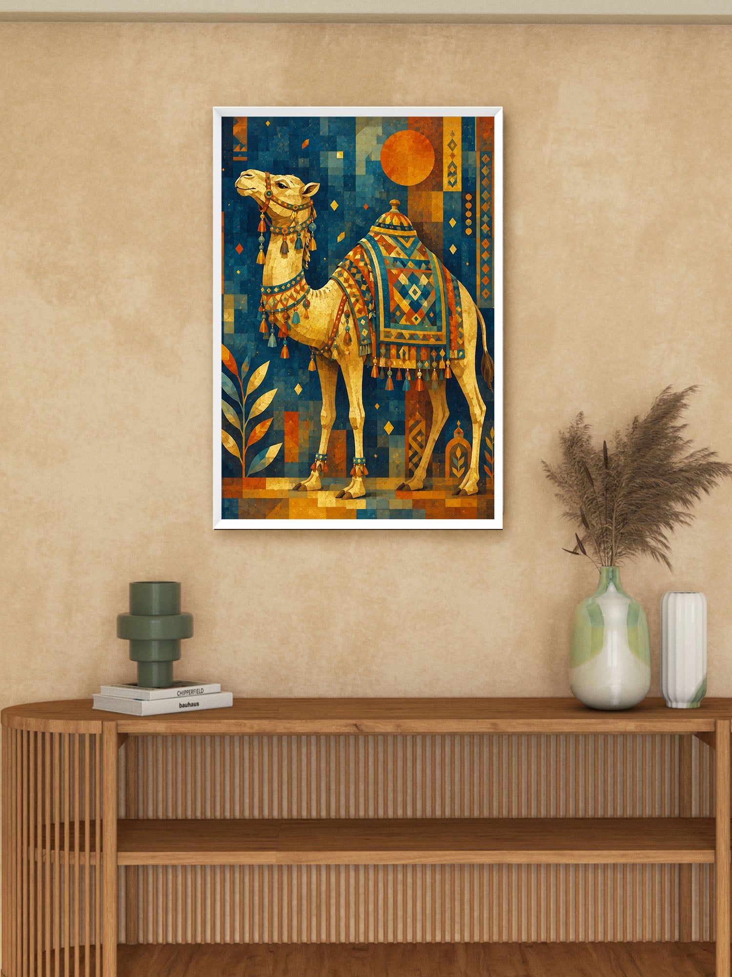 A framed art print featuring a stylized camel in warm gold and orange tones against a dark blue patterned background, displayed on a beige wall above a wooden console table with decorative vases and a green object.