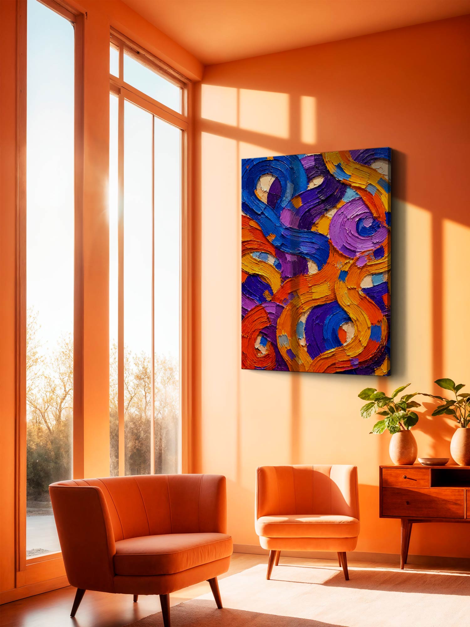 Abstract canvas wall art with swirling purple, blue, orange, and yellow brushstrokes displayed in a modern living room with orange walls and two orange armchairs.