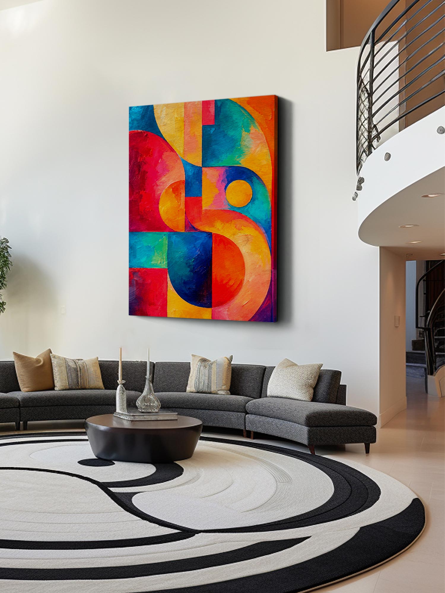 A large vertical canvas print featuring a vibrant, colorful abstract geometric design, displayed on a white wall in a modern living room setting above a gray sectional sofa.