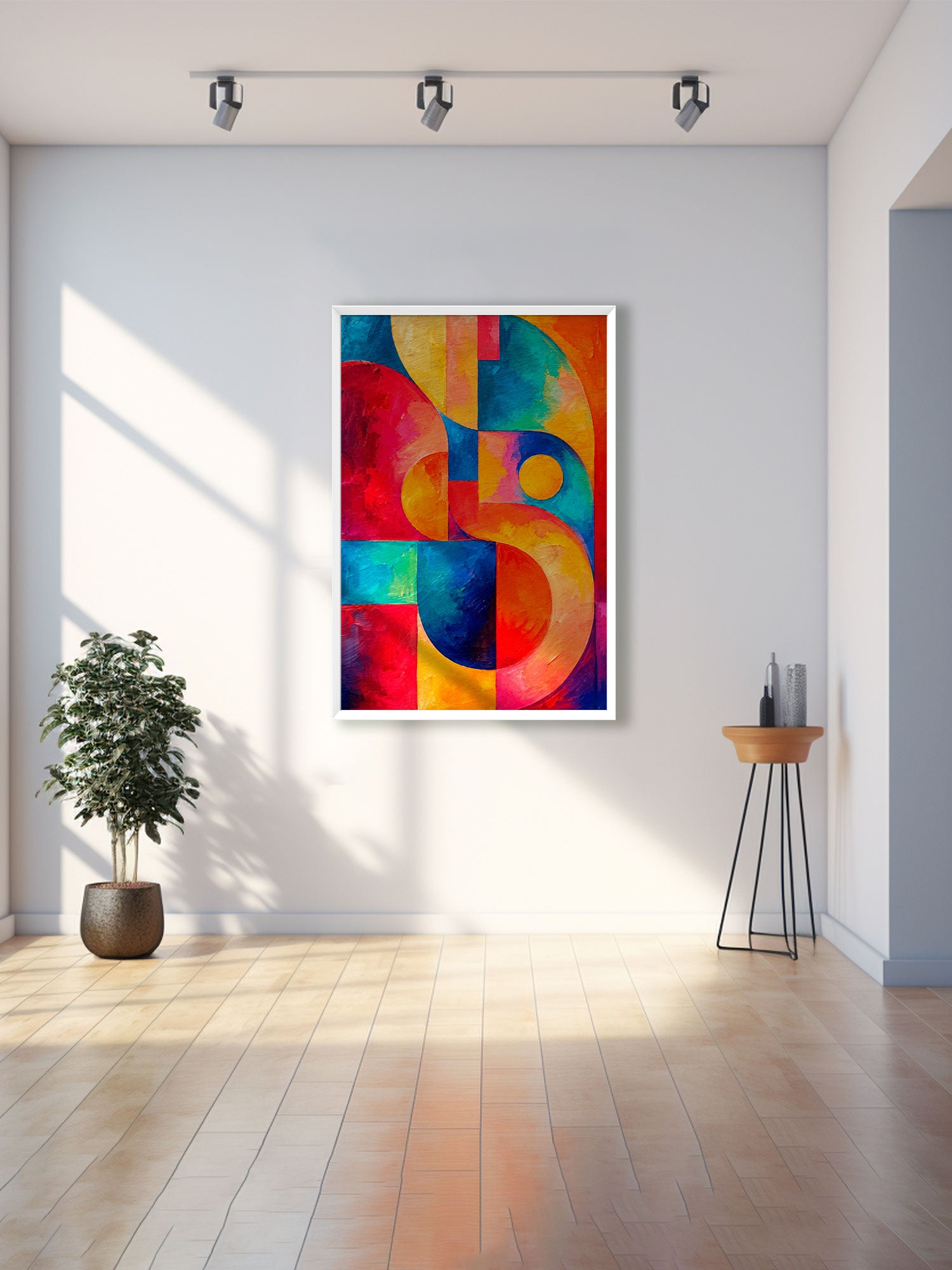 A colorful abstract wall art print with bold geometric shapes in red, blue, yellow, orange, and green, displayed in a white frame on a light gray wall in a modern room setting with a plant and a small side table.