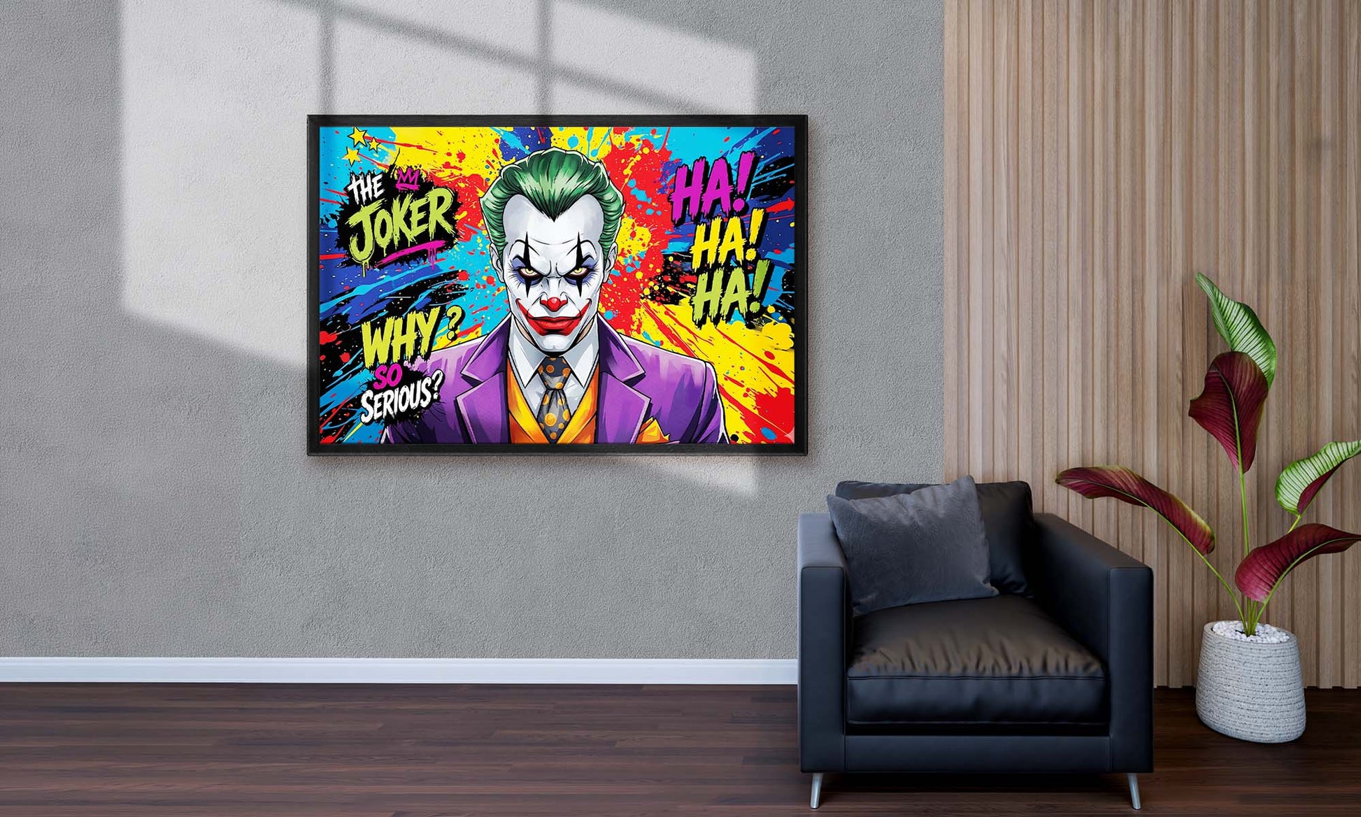 Colorful framed artwork of the Joker character on a wall in a living room.