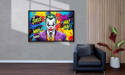 Colorful framed artwork of the Joker character on a wall in a living room.