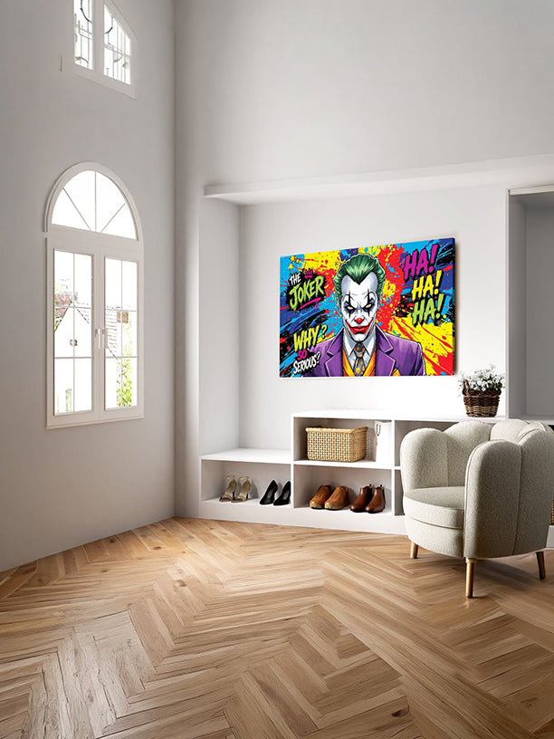 Joker Vibrant Villain Pop Art Canvas Wall Art with coloruful comic-style design for modern living room décor