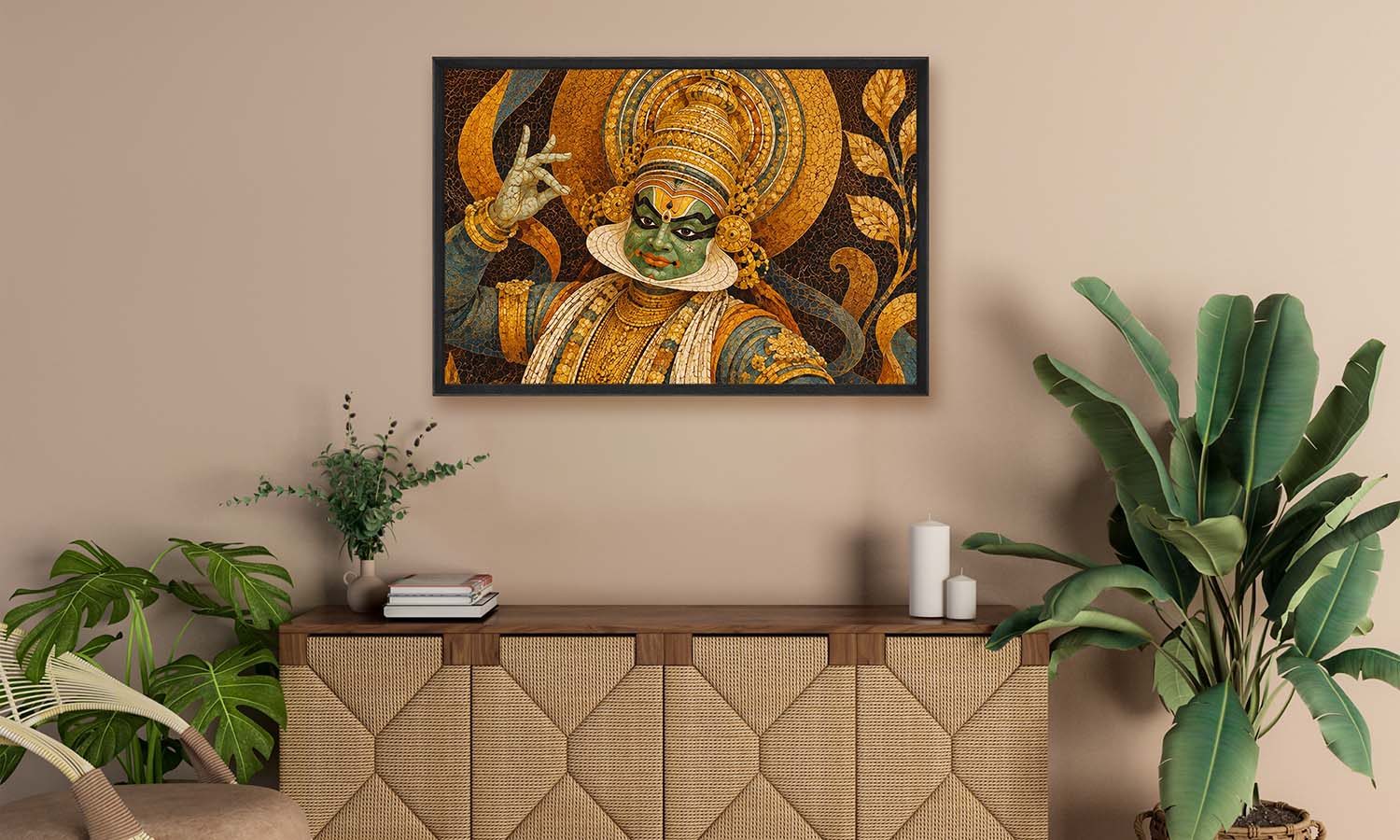 A framed wall art print depicting a stylized figure in ornate gold and green attire, hung above a wooden cabinet in a styled interior with plants and candles.