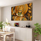 A large rectangular wall art print depicting a stylized figure in ornate gold and green attire, displayed above a white sideboard in a modern dining room with a table, chairs, plants, and decor.