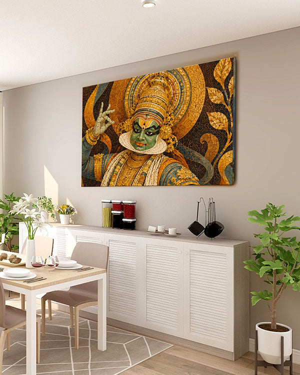 A large rectangular wall art print depicting a stylized figure in ornate gold and green attire, displayed above a white sideboard in a modern dining room with a table, chairs, plants, and decor.