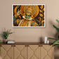 A framed art print depicting a traditional Indian dancer with green skin and gold attire, hanging on a beige wall above a wooden console table with plants and candles.