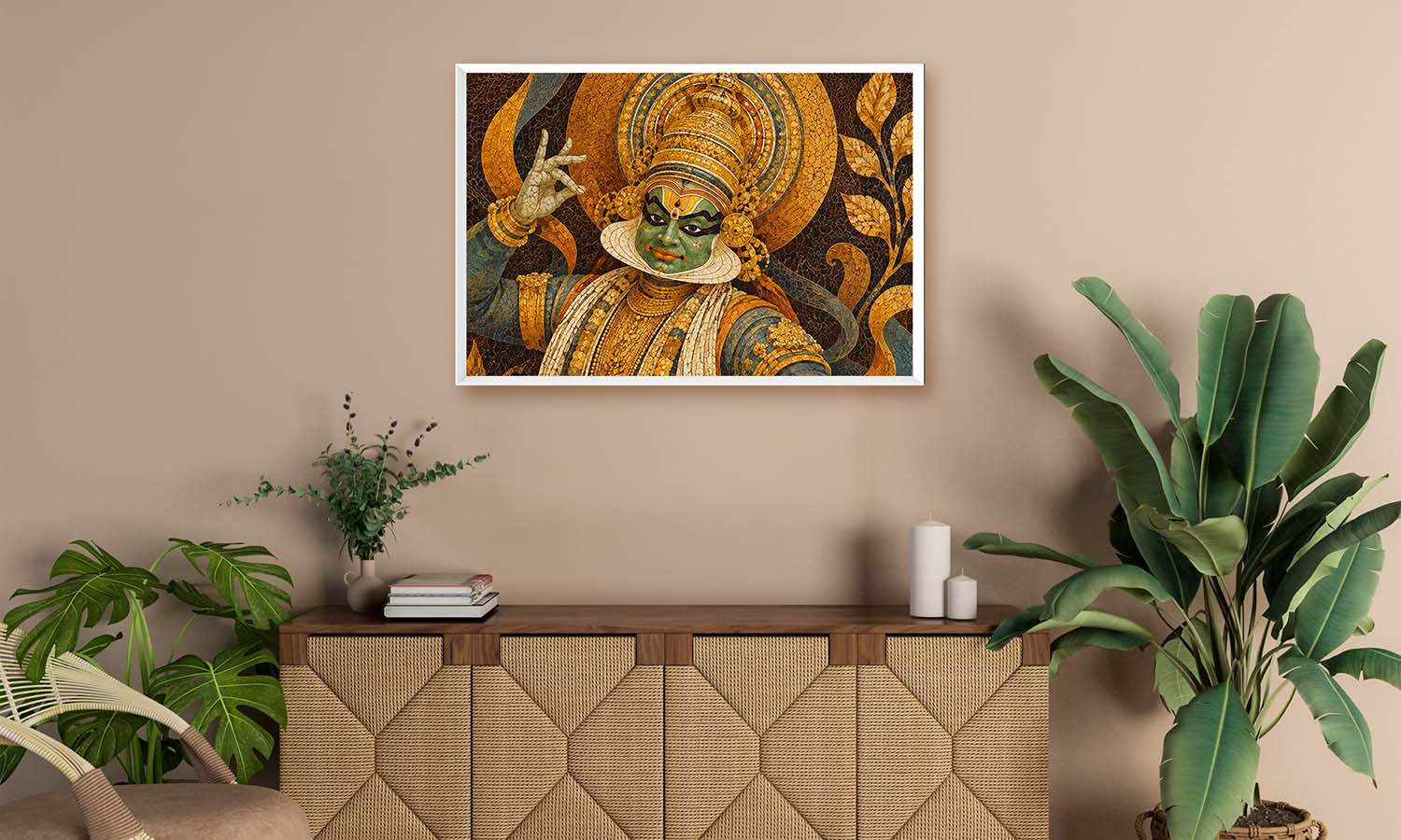 A framed art print depicting a traditional Indian dancer with green skin and gold attire, hanging on a beige wall above a wooden console table with plants and candles.