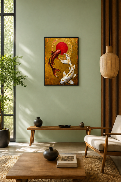 A golden canvas framed art print featuring two koi fish and a red sun on a textured gold background, displayed on a sage green wall in a modern, sunlit living room.