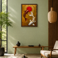 A golden canvas framed art print depicting two koi fish around a red sun on a textured gold background, hanging on a sage green wall in a modern, sunlit living room with a wooden bench, coffee table, and chair.