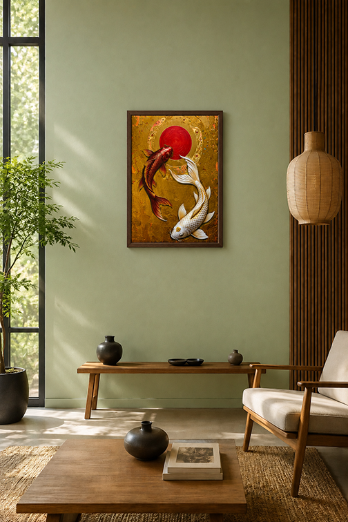 A golden canvas framed art print depicting two koi fish around a red sun on a textured gold background, hanging on a sage green wall in a modern, sunlit living room with a wooden bench, coffee table, and chair.