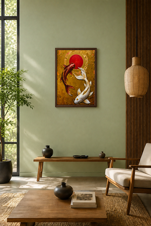 A golden canvas framed art print depicting two koi fish around a red sun on a textured gold background, hanging on a sage green wall in a modern, sunlit living room with a wooden bench, coffee table, and chair.
