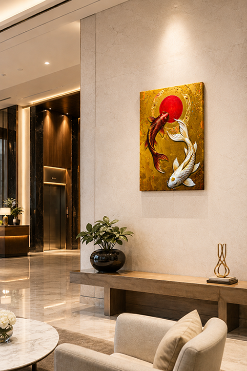 A vertical golden canvas wall art depicting two koi fish (one red, one white) swimming around a red sun on a textured gold background, displayed on a beige wall in a modern, well-lit lobby with a wooden console table and a light beige armchair.