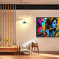 Modern living room with a colorful painting of a flute player on the wall.