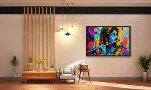 Modern living room with a colorful painting of a flute player on the wall.