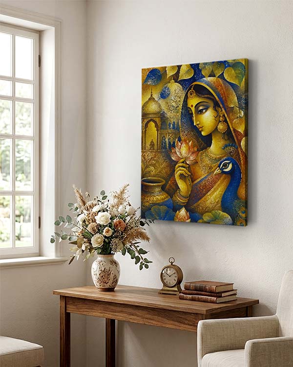 A vertical canvas wall art print featuring a stylized golden-skinned goddess with a peacock, displayed on a white wall above a wooden console table with a vase of flowers and a small clock.
