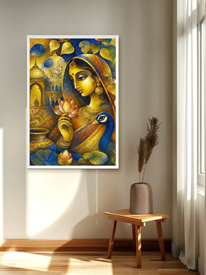 A framed vertical art print featuring a stylized golden woman with a peacock and lotus motifs, displayed on a beige wall in a sunlit room above a small wooden stool with a vase.