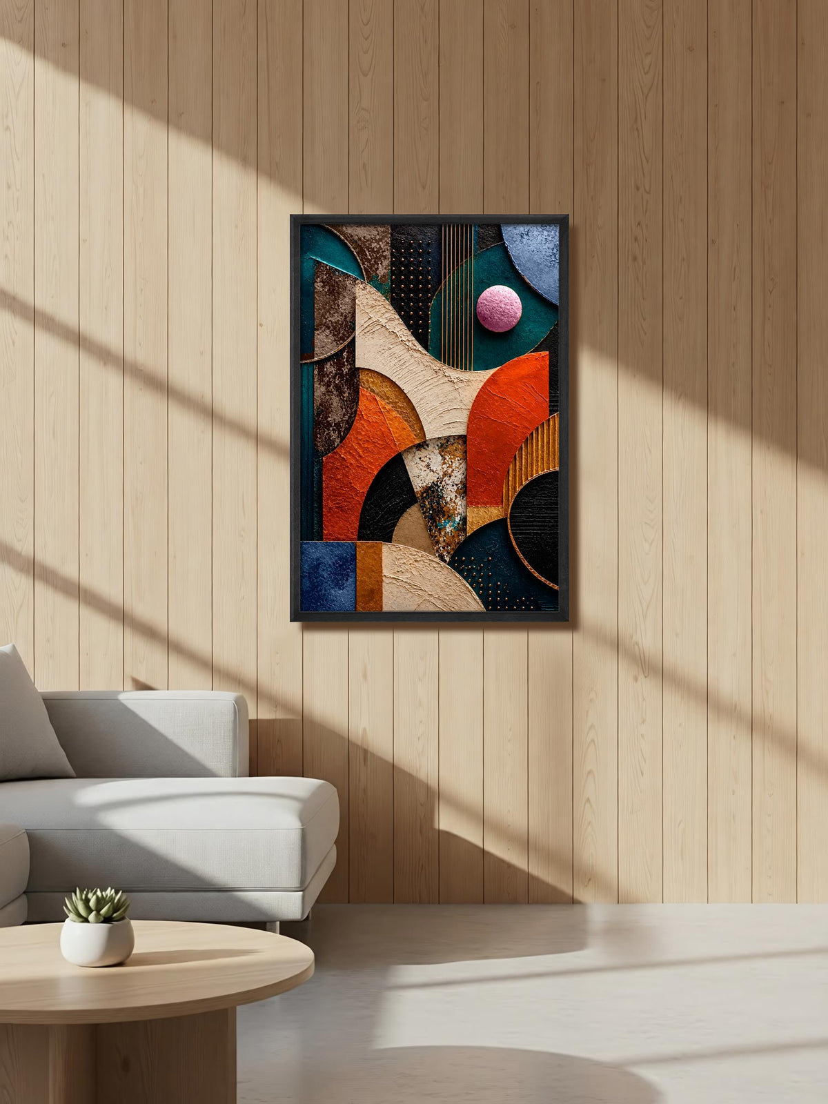 A framed abstract geometric wall art print hangs on a light wood-paneled wall in a modern living room setting with a white sofa and a round wooden coffee table.
