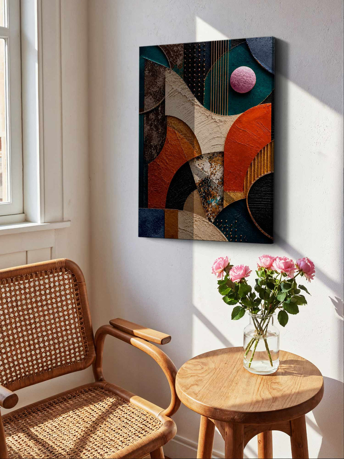 Abstract wall art canvas print hanging on a white wall in a sunlit room, styled with a wooden chair, small round table, and pink roses in a glass vase.