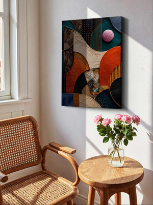 Abstract wall art canvas print hanging on a white wall in a sunlit room, styled with a wooden chair, small round table, and pink roses in a glass vase.