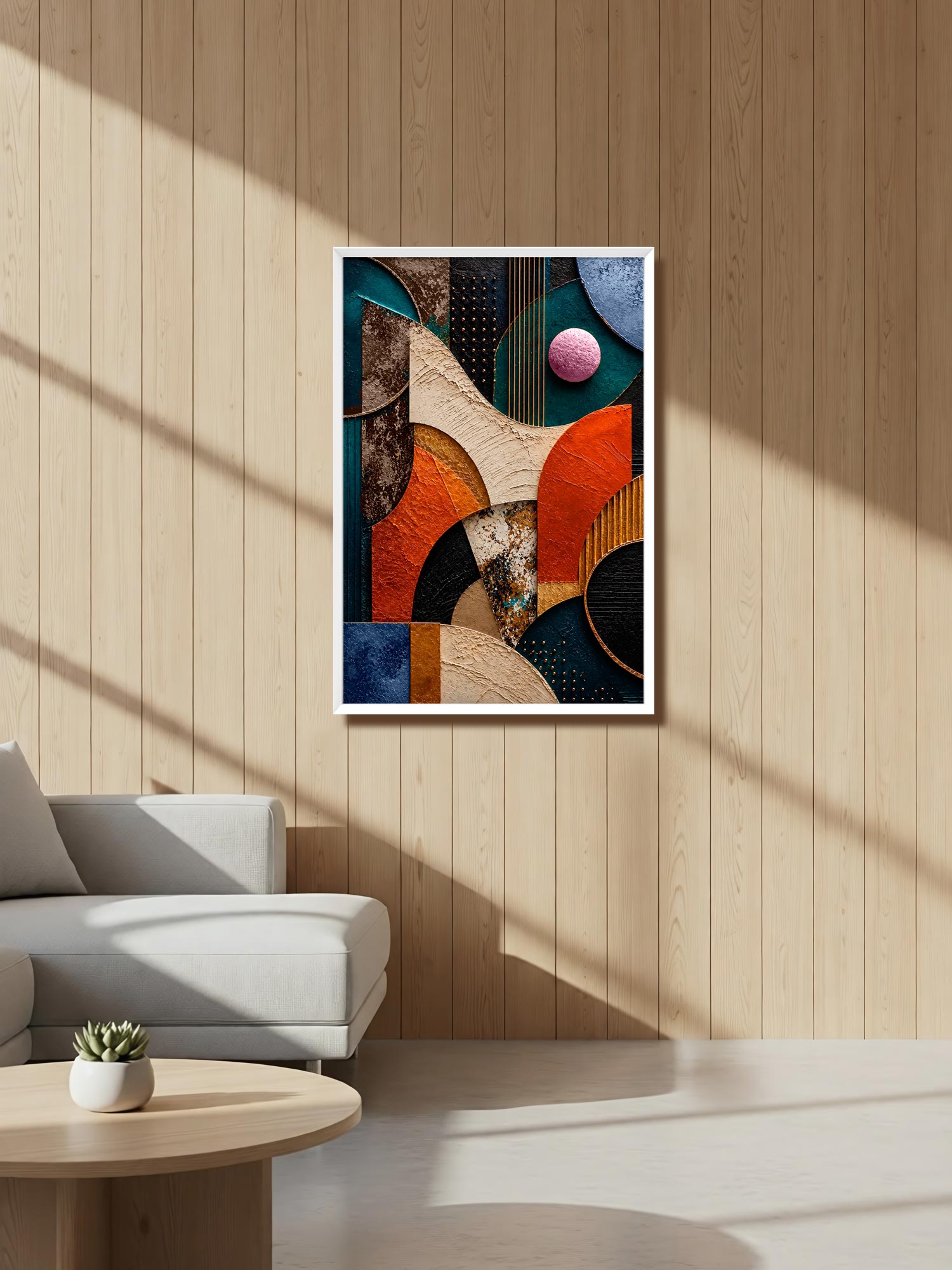 A framed abstract art print featuring geometric shapes in orange, blue, beige, and black, displayed on a light wood-paneled wall in a modern living room setting.
