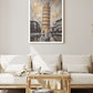 A framed art print of the Leaning Tower of Pisa hangs on a light gray wall above a white sofa in a modern, minimalist living room setting.
