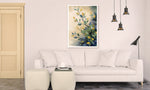 Botanical canvas wall art featuring elegant blue-green foliage and golden leaves on textured neutral backgrounds.