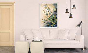 Botanical canvas wall art featuring elegant blue-green foliage and golden leaves on textured neutral backgrounds.