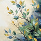 Botanical canvas wall art featuring elegant blue-green foliage and golden leaves on textured neutral backgrounds.