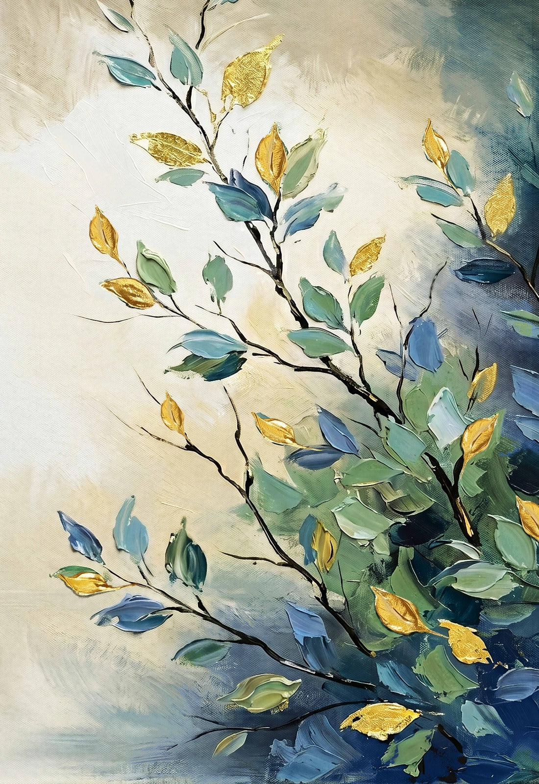 Botanical canvas wall art featuring elegant blue-green foliage and golden leaves on textured neutral backgrounds.