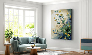 Living room with a teal sofa, round coffee table, and a elegant leaf painting on the wall.