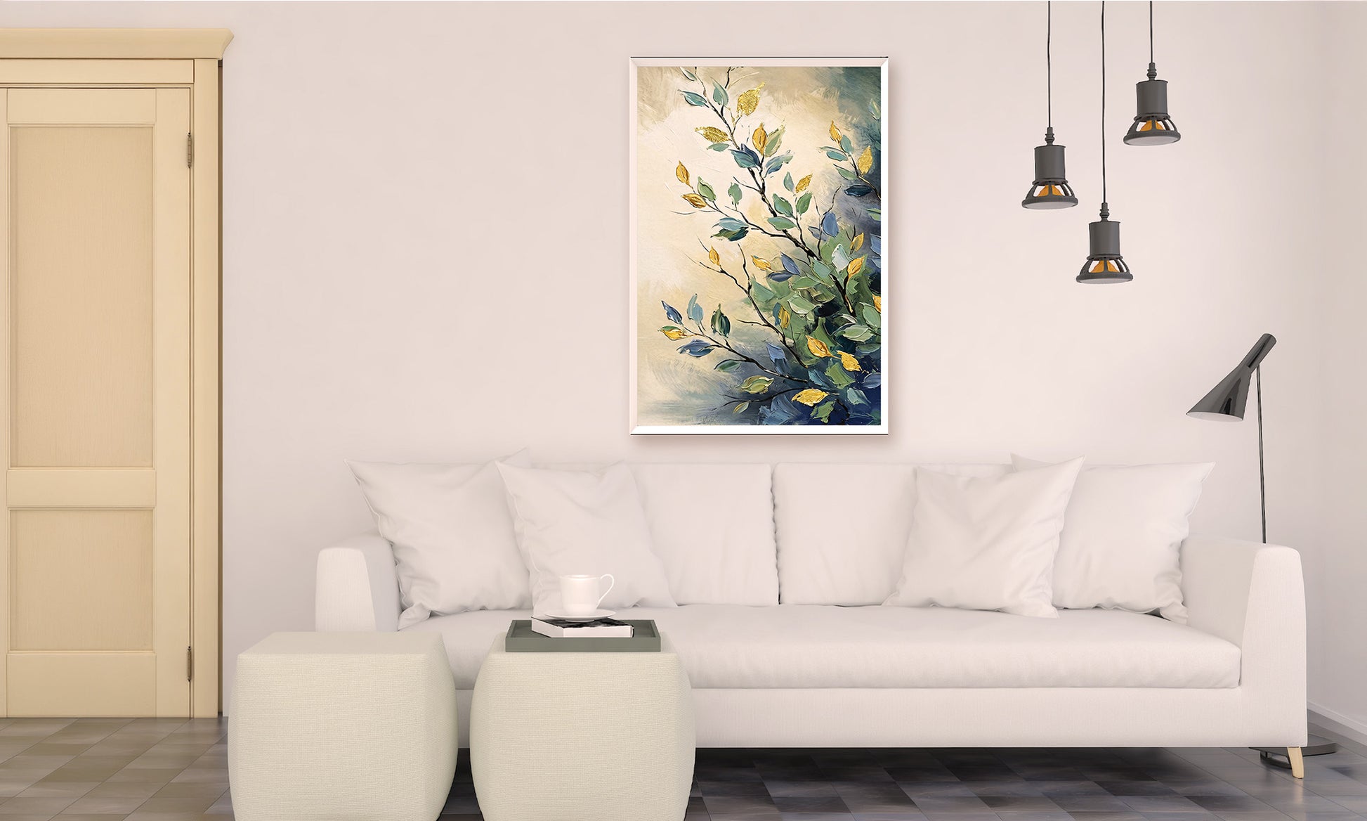 Living room with a white sofa, coffee table, and wall art of leaves.