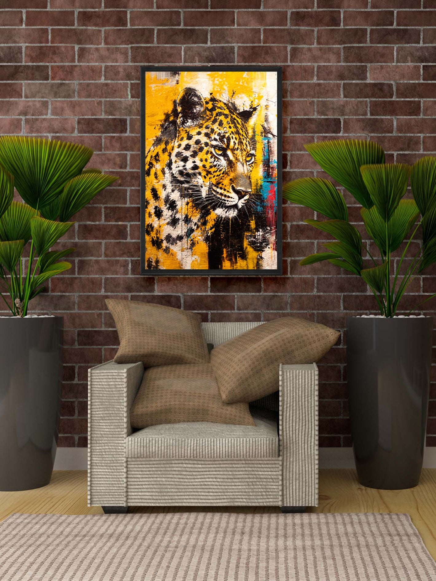 Modern living room with a chair, plants, and a colourful abstract Leopard painting on a brick wall.
