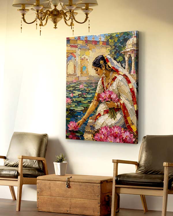 A vertical canvas wall art print depicting a woman in a white sari among pink lotus flowers, displayed on a cream wall in a styled living room setting with two leather armchairs and a wooden trunk.