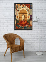 A framed art print depicting an ornate Indian architectural archway with a large red lotus flower, displayed on a white brick wall above a wicker chair and next to a white floor lamp.