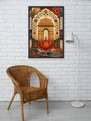 A framed art print depicting an ornate Indian architectural archway with a large red lotus flower, displayed on a white brick wall above a wicker chair and next to a white floor lamp.