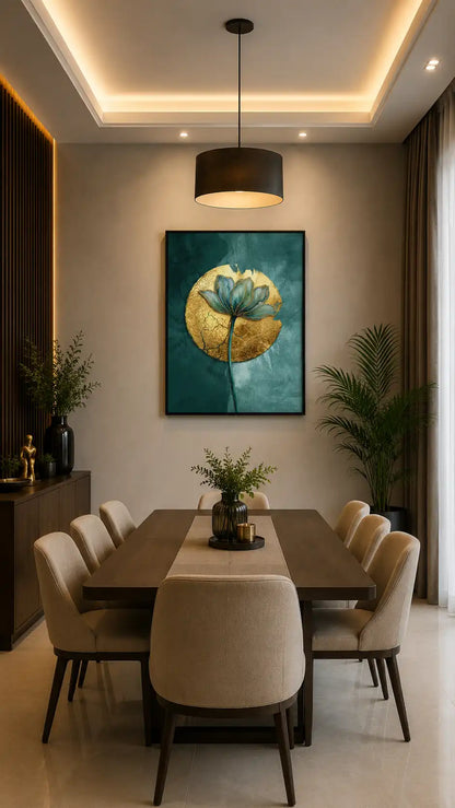 A framed wall art print featuring a stylized blue lotus flower on a teal background, displayed in a modern dining room above a dark wood table and beige chairs.