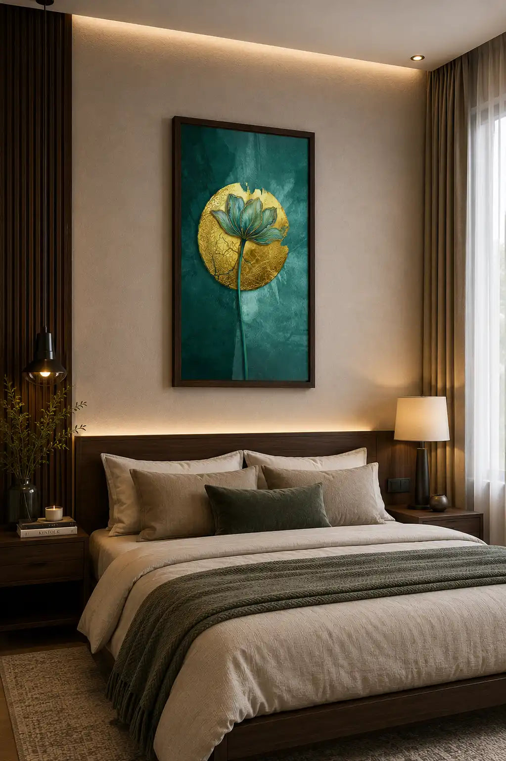 A framed wall art print featuring a stylized lotus flower in teal and gold tones, displayed above a bed in a modern, warmly lit bedroom.