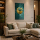 A modern living room featuring a beige sectional sofa, a dark wood coffee table, and a teal and gold floral wall art piece centered on the wall.