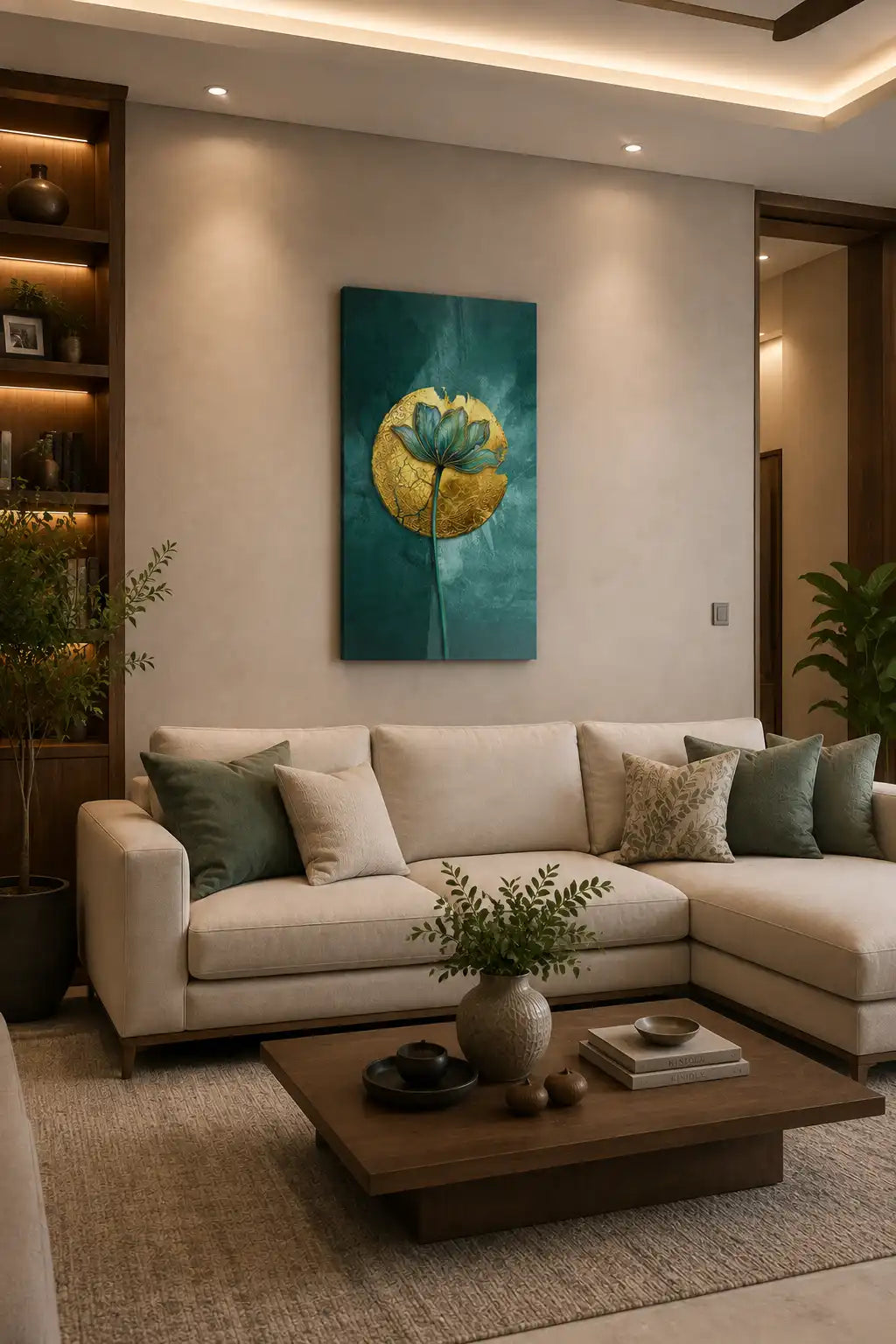 A modern living room featuring a beige sectional sofa, a dark wood coffee table, and a teal and gold floral wall art piece centered on the wall.