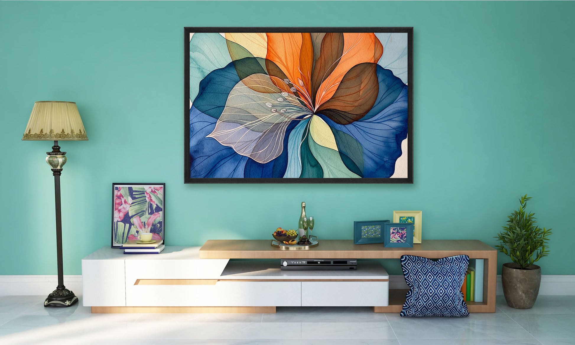 Modern living room with a colourful abstract luminous petal hibiscus painting on the wall.