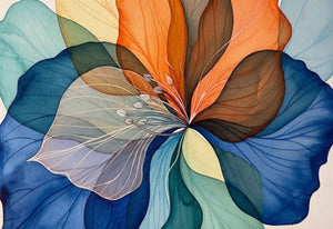 Luminous Petals abstract floral canvas wall art featuring layered translucent petals in sapphire blue, aqua green, ivory, and amber tones.