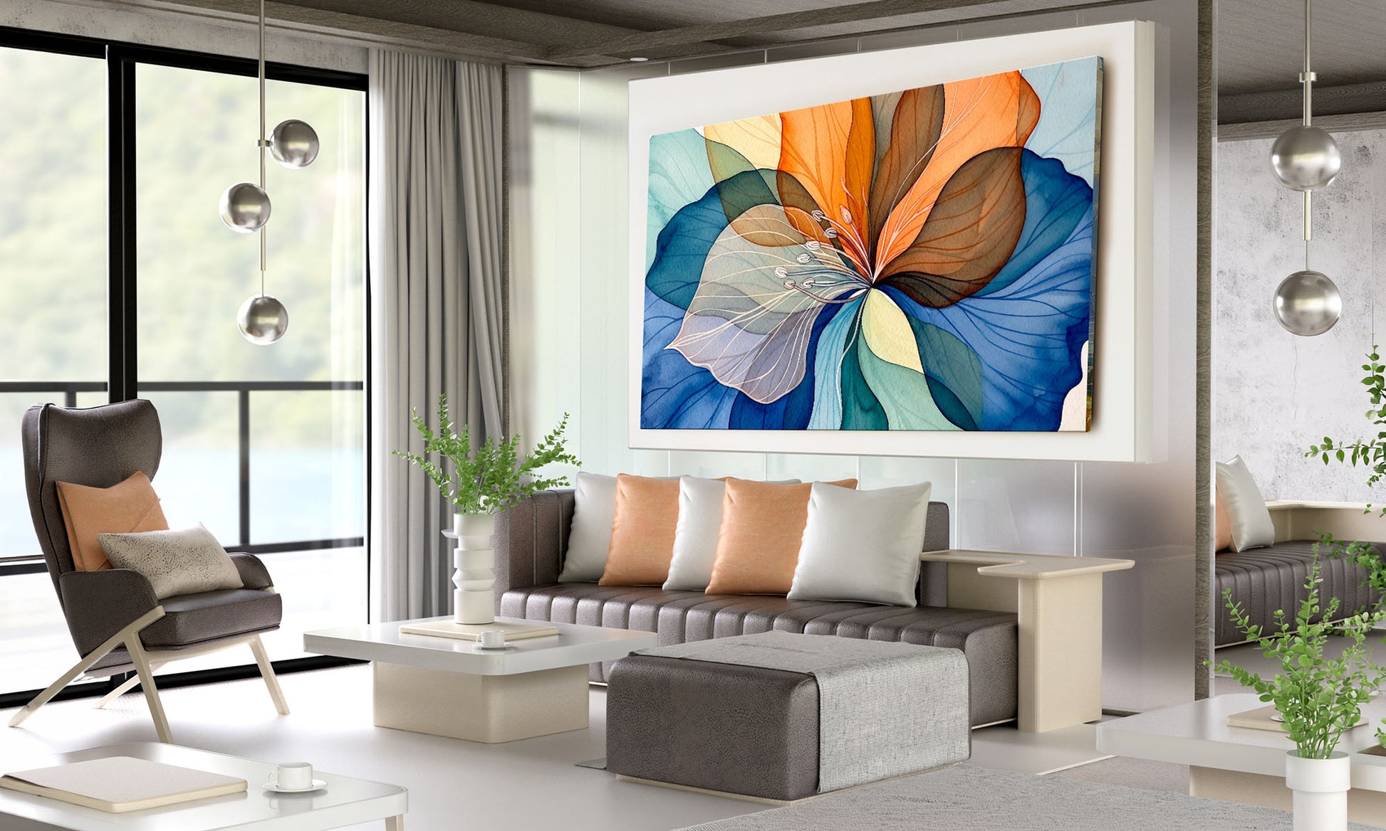 Modern living room with a colourful hibiscus petal painting on the wall